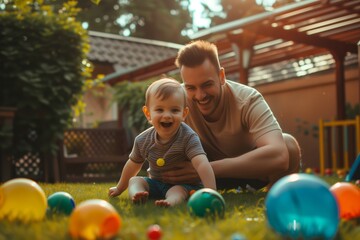 Fototapeta premium Joyful Father and Young Son Engaged in Playful Outdoor Activity