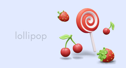 Advertisement of berry flavored lollipops. Red striped caramel on stick, cherry, strawberry