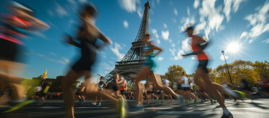 Marathon runners in motion with the iconic Eiffel Tower in the background, portraying dynamism and sports tourism in Paris, potentially related to the Olympic Games concept - obrazy, fototapety, plakaty