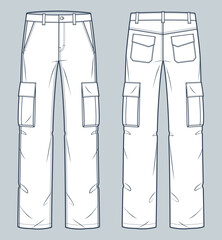 Cargo Pants technical fashion Illustration. Pants fashion flat technical drawing template, pockets, front and back view, white, women, men, unisex CAD mockup set.