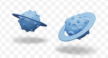 Blue planet with volcanic craters, asteroid belt. Space giant in 3D style