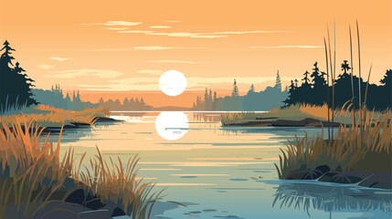 Quiet summer evening beautiful nature cozy backwater on the river bank vector illustration - obrazy, fototapety, plakaty
