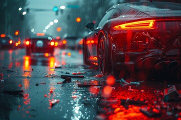 a car is parked on the side of the road in the rain