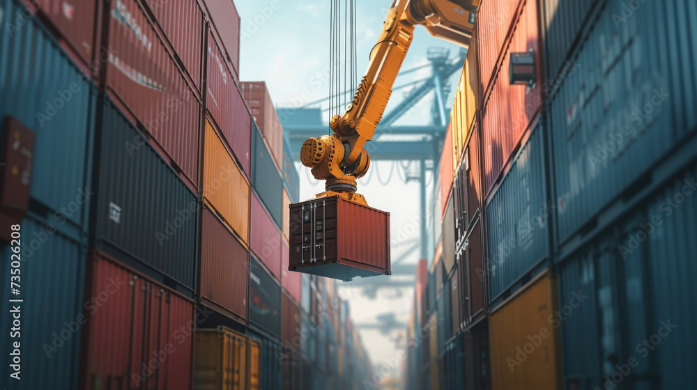 Poster the concept of automated loading and unloading comes to life as a robotic arm carefully lifts a cont