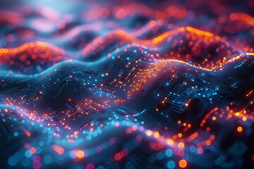 a computer generated image of a colorful wave with glowing particles
