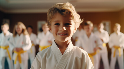 Stolze Karate-Kids zeigen ihre neuen Gürtel nach der Prüfung
