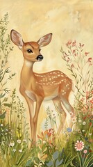 Elegant Deer Among Blooming Flowers in Meadow AI Generated.