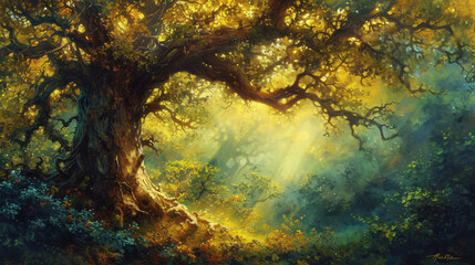 Obraz na płótnie Canvas Painting of a tree with sunbeams in the background
