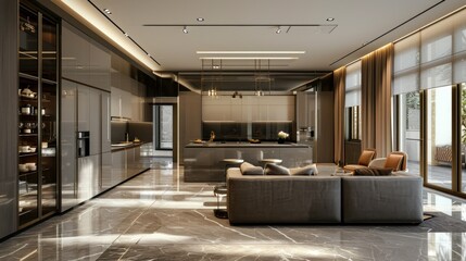 interior design spacious bright studio apartment in Scandinavian style and warm pastel white and beige colors. trendy furniture in the living area and modern details in the kitchen area