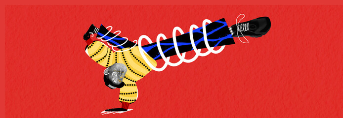 Senior man in colorful clothes dancing hip hop on red background with doodles. Contemporary art...