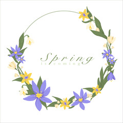 Vector round frame with  flowers and leaves on white background. Invitation design. Greeting card with crocuses. Spring is coming.