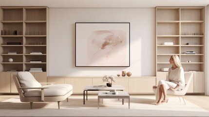 Young girl reading a book in a modern minimalistic room, quiet luxury concept, ample space for text, banner