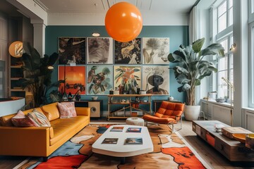 Eclectic living room with vintage vibes, friends engaged in retro activities, blending past and...