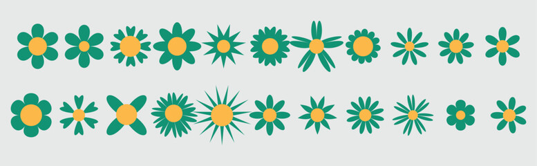 Cartoon Daisy Camomile logo designs,Growing concept. Flat spring floral elements. Blossom flowers with white petals. Doodle daisy vector set 