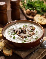 Creamy mushroom soup with sliced mushrooms and parsley