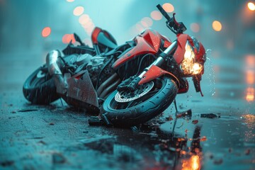 A red motorcycle with a tire resting on the wet ground in the rain