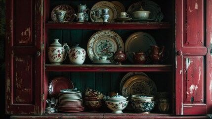 Wooden crockery in the pantry in the kitchen