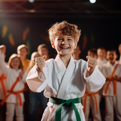 Obraz premium Stolze Karate-Kids zeigen ihre neuen Gürtel nach der Prüfung 