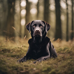 Portrait of a walking Labrador dog in the park.