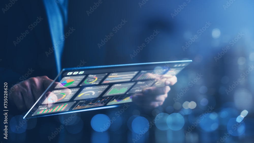 Poster business intelligence and data analysis concept. kpi, finance data analytics graph, financial manage
