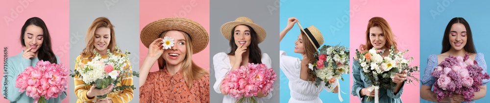 Poster 8 March - Happy Women's Day. Charming ladies with beautiful flowers on different colors backgrounds, collage