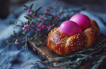 Pastel Español llamado mona de pascua con dos huevos pintados de color rosa, sobre una tabla de madera y junto a flores color rosa © Helena GARCIA