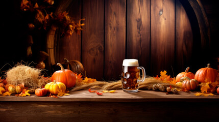 Celebrate Oktoberfest with a hearty beer mug, pumpkins, and sheaves of wheat, arrayed on wood amidst autumnal decor, toasting to tradition and the bounty of the harvest - obrazy, fototapety, plakaty