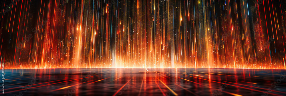 Poster glowing lines in dark abstract background, bright neon effect, empty stage texture with fractal spot