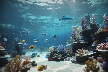 Naklejka na ściany i meble Underwater coral reef landscape with colorful fish. Tropical sea or ocean.