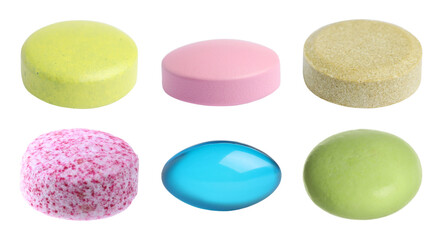 Vitamin. Many different pills isolated on white, set