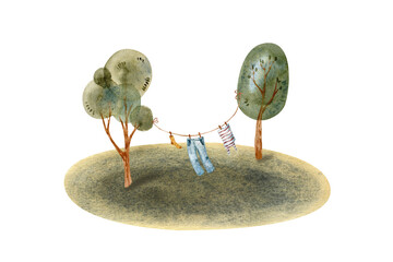 garden plants and trees, clothesline set is watercolor hand illustration