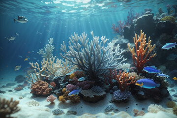 Obraz premium Underwater coral reef landscape with colorful fish. Tropical sea or ocean.
