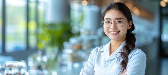 Female pharmacist in modern pharmacy standing with glasses, blurred background with copy space
