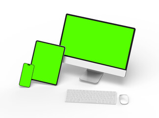 3D Render of smartphone tablet desktop with green screens on a transparent background