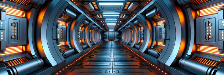 Futuristic corridor in a spaceship, modern hall with neon lighting, abstract technology and science fiction interior design