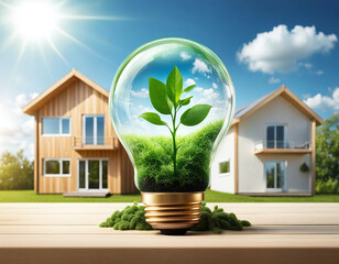 Concept d'énergie verte et économie d'énergie, ampoule sur fond de nature, arrière plan sur maisons - IA générative