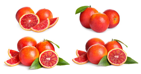 Ripe red oranges isolated on white, set
