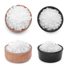 Sea salt in bowls isolated on white, top and views