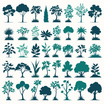 Set of tree and bush silhouettes illustration vector plant silhouette collection design