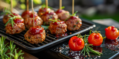 meatball appetizers on grill with tomatoes and rosemary - obrazy, fototapety, plakaty