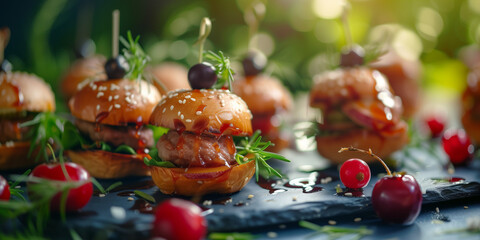 Mini Hamburger appetizers on a party table with vegetables berries sandwich stick bokeh outdoor...