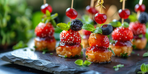 Fruity meatball appetizers with strawberry blueberry cranberry, berries, coctai cherry, mint leaf on a party table with oat biscuit bed - obrazy, fototapety, plakaty
