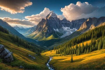 Fototapeta premium Capture the majesty of mountain peaks , emphasizing scale and cloud-draped allure by ai generated