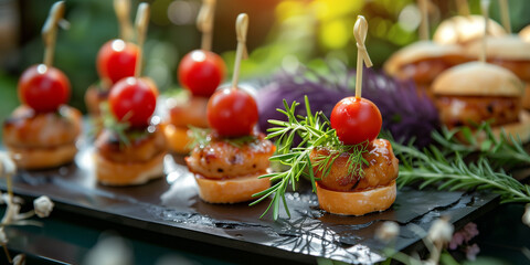 Meatball apetizers on a garden party table with baguette slice sandwich stick bokeh outdoor table