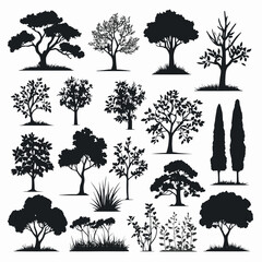 Set of tree and bush silhouettes illustration vector plant silhouette collection design