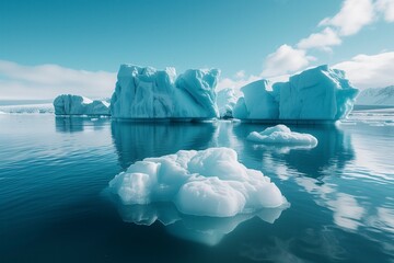 A majestic glacier stands tall amidst the icy waters, as the clouds above reflect the beauty of nature's delicate balance between ice and sea in the arctic ocean - obrazy, fototapety, plakaty