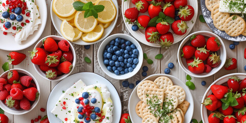Strawberry and blueberry waffle lemon appetizer plate with white vanilla cream for july 4th usa flag color bites big and small strawberry sandwich - Powered by Adobe