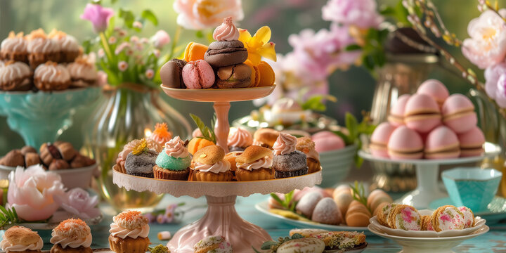 SPring festive party table full of colorful easter food sweets partries biscuits cookies macaroon and flowers as decoration