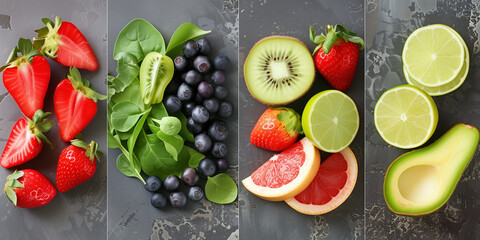 healthy food montage on black background with vegetables and fruits like avocado blueberry...