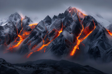 A majestic mountain towers over a fiery landscape, its peak adorned with a billowing cloud as molten lava cascades down its slopes, a powerful reminder of the raw beauty and destructive force of natu